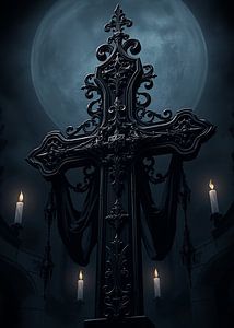 Sculpture de croix noire décorée au clair de lune