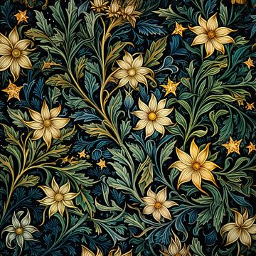 Gold floral pattern against green-blue background by Vlindertuin Art