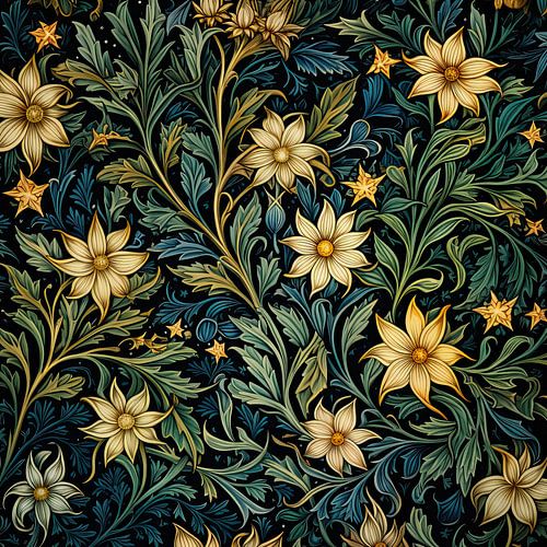 Gold floral pattern against green-blue background