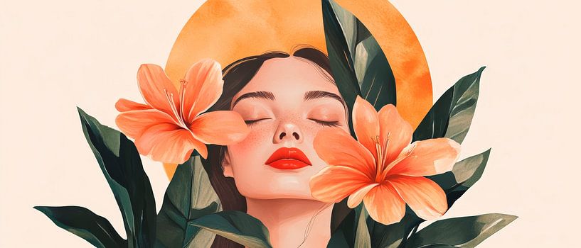 Frau mit Blumen und Sonnenstrahlen von Poster Art Shop