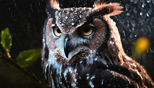 Hibou sous la pluie avec gouttes de pluie