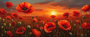 Poppies Meadow Sunset Panorama by Creavasis