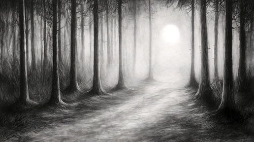 Mysterieus pad in het mistige bos