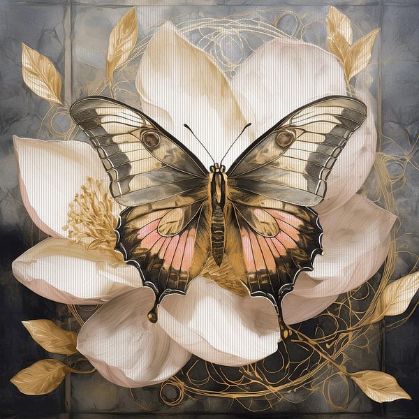 Luxury butterfly in gold pink and soft yellow by Emiel de Lange