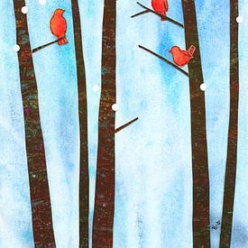 Birds in a winter forest Paper collage by Karen Kaspar