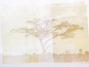 Arbre dans la steppe : œuvre d'art mixte dans des tons pastel