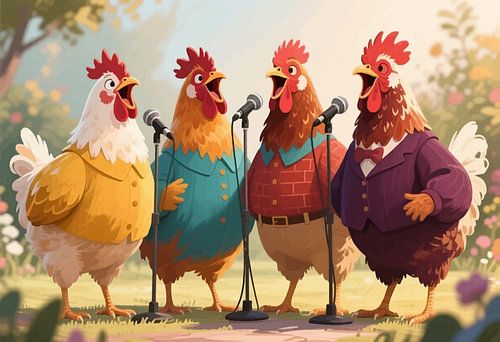 Portrait Illustration of Roosters Singing in the Countryside
