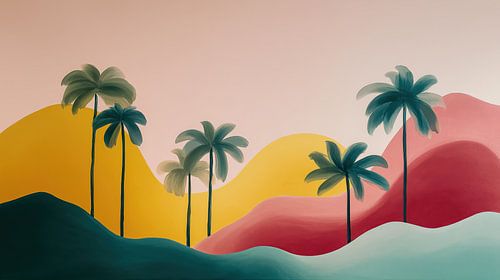 Panorama de palmiers et de montagnes colorées