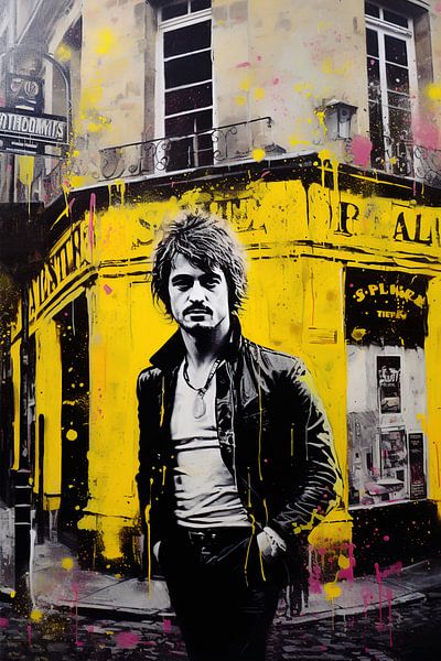 Man in black and white in a French town with a yellow wall by Laila Bakker
