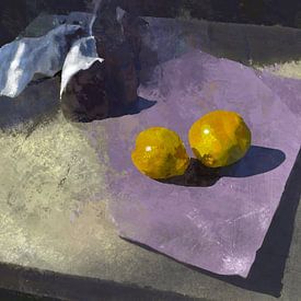 Still life with quinces in purple and yellow by Hella Maas