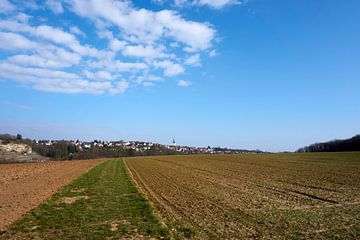 Zonnig panoramisch uitzicht op velden onder blauwe hemel van creativcontent