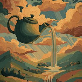 Théière volante au-dessus d'un paysage sur Pixelbull Design
