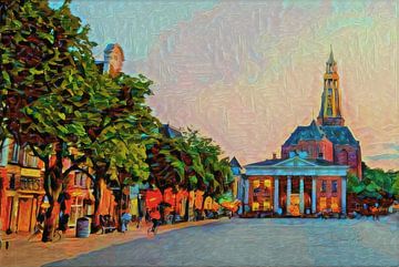Kleurrijk schilderij van Groningen: Vismarkt en Aa-kerk op Zomeravond
