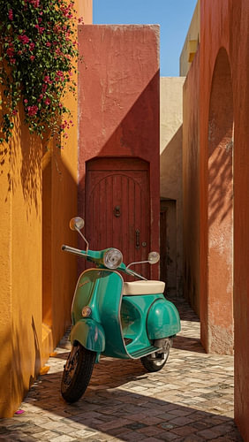 Vintage-Roller in Türkis in einer mediterranen Gasse