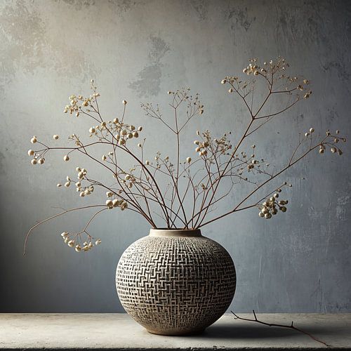 Keramieken Vaas met Takken in Japandi Stijl - Minimalistische Takkentak in Aardse Tinten
