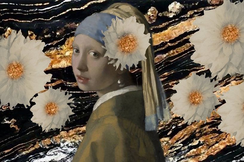 Girl with the Pearl Earring &amp; Golden Flowers - Classic icon in modern glamour style by Kleurenrijk