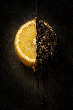 L'Amaro Dolce Split Lemon Poster – Dark Academia Botanical Art – Surrealist Ink Drip Fine Art Canvas von adib maula