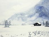 Sneeuwstorm bij de afgelegen winter cabine (aquarel schilderij landschap skiën mancave sneeuw bergen van Natalie Bruns thumbnail