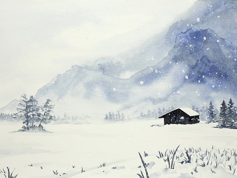 Sneeuwstorm bij de afgelegen winter cabine (aquarel schilderij landschap skiën mancave sneeuw bergen van Natalie Bruns