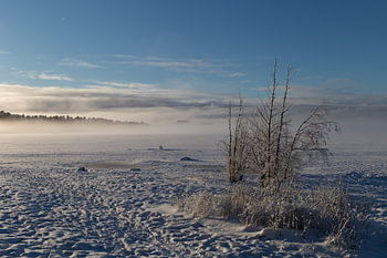Fog over a frozen lake at dawn