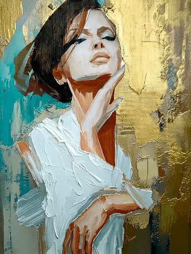 Modern Portret van Vrouw in Turquoise en Goud met Impasto look