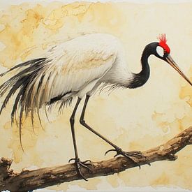 Ein japanischer Kranich vor gelbem Hintergrund. von J.a Dijkstra