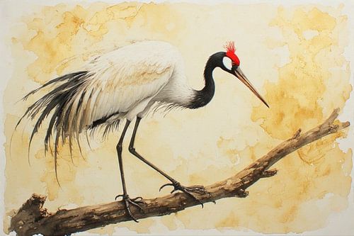 Een japanse kraanvogel op een gele achtergrond.