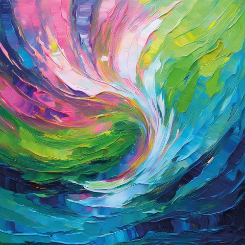 Levendig abstract werk in blauw, groen en roze