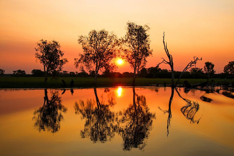 Koperkleurige zonsondergang met spiegeling in Kakadu National Park van The Book of Wandering