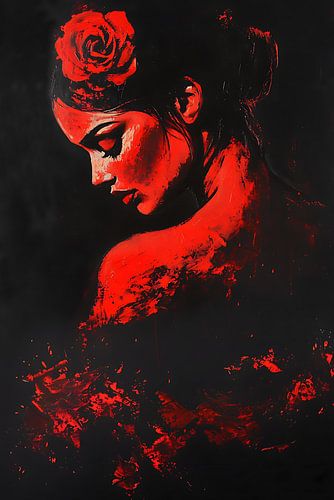 Flamenco danseres met roos in het haar in zwart en rood