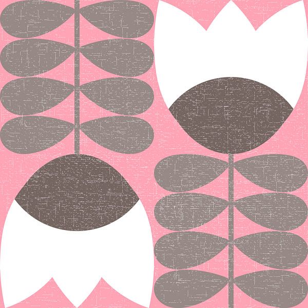 Retro 70s vintage inspired art with stylized flowers and leaves in brown, pink and white by Dina Dankers