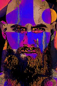 Kahlköpfiger Mann mit Schnurrbart und Bart mit grafischen Elementen / Formen