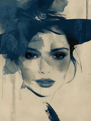 Bleu, portrait moderne et abstrait, encre