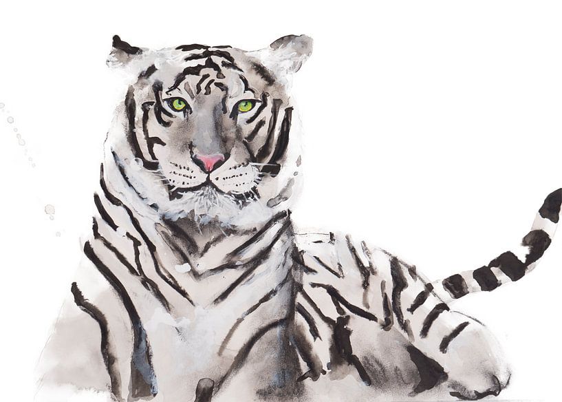 Print van een witte tijger, bijzondere dieren illustratie van Angela Peters