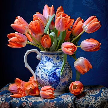 Nature morte aux tulipes dans un vase bleu de Delft sur Vlindertuin Art