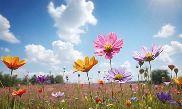Een bloemenveld met een blauwe lucht op de achtergrond