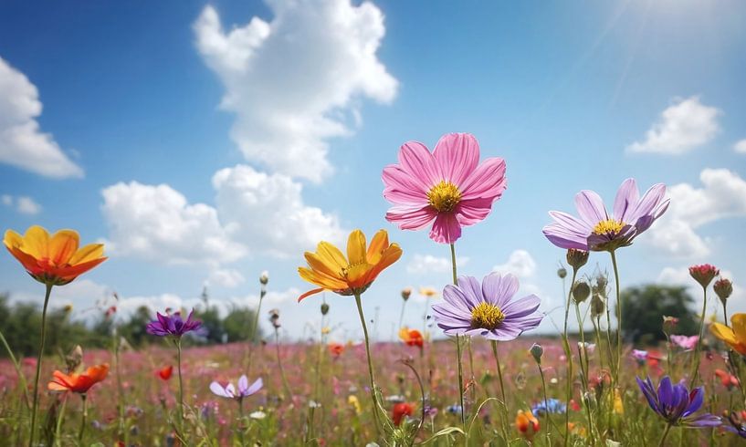 Een bloemenveld met een blauwe lucht op de achtergrond van 1xMerch