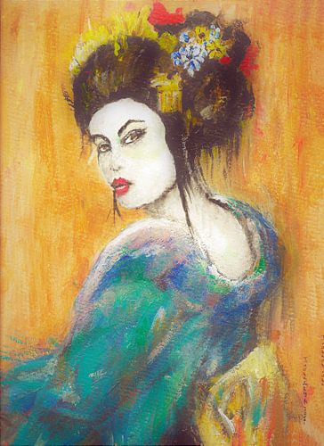 Geisha japonaise avec kimono bleu.