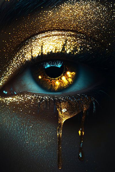 Gros plan d'un œil doré en forme de goutte d'eau par Art & Soul Creations