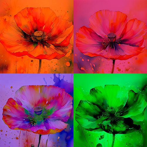 Peinture collage de 4 coquelicots dans des teintes vives
