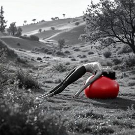 Vrouw op Rode Oefenbal – Yoga, Fysiotherapie, Fitness van Basahen
