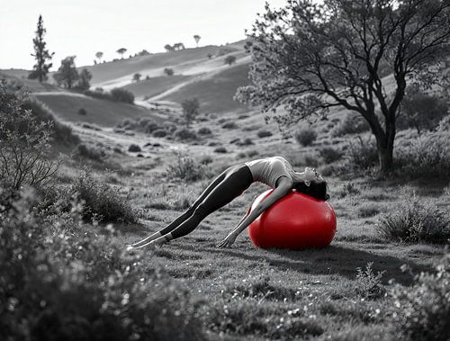 Vrouw op Rode Oefenbal – Yoga, Fysiotherapie, Fitness