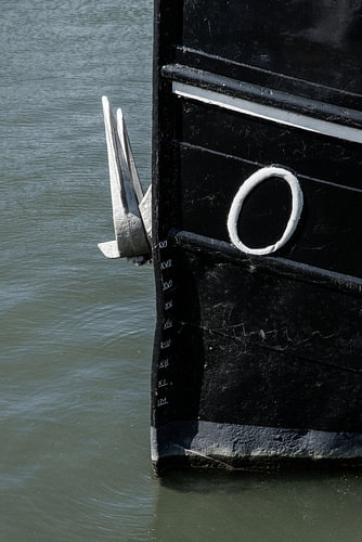 The imposing bow of an inland waterway vessel