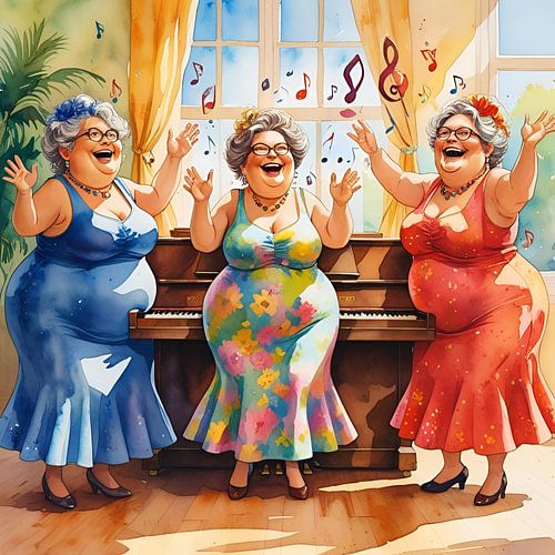 3 gezellige dames bij de piano