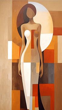 abstraktes Gemälde einer stehenden Frau in ruhigen Farbtönen von Wunderbare Kunst