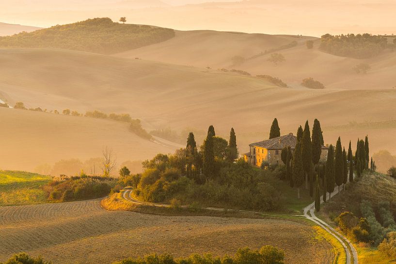 De eerste zonnestralen op een typisch Toscaans laantje van Damien Franscoise