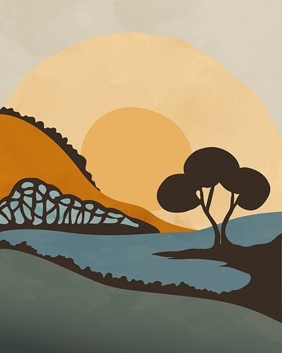 Boom in de ochtendzon minimalistisch landschap