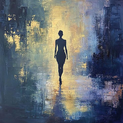 Abstract silhouet van een vrouw in de ochtendnevel 