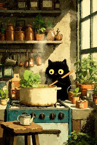 Een zwarte kat roert in de pan