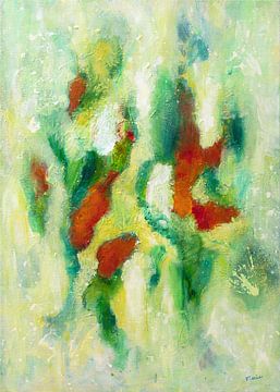 Abstract Schilderij met Groen en Rood van Maria Meester